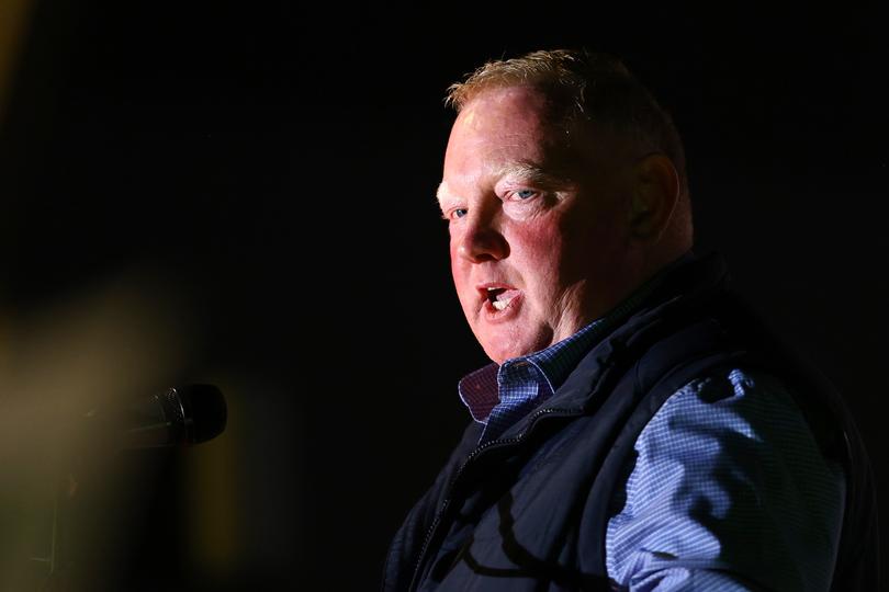 Husband of Samantha Murphy, Mick Murphy speaks during a rally against men's violence.