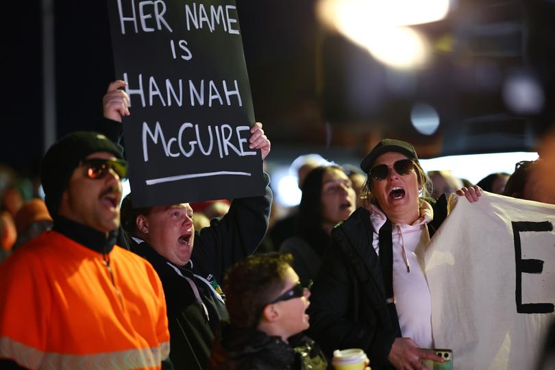 Members of the Ballarat community participate in a rally against men's violence following the alleged murder of three women in the regional Victorian city within the past three months.