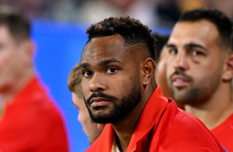 BRISBANE, AUSTRALIA - APRIL 12: Hamiso Tabuai-Fidow of the Dolphins is seen on the sidelines after suffering an injury during the round six NRL match between the Brisbane Broncos and Dolphins at Suncorp Stadium, on April 12, 2024, in Brisbane, Australia. (Photo by Bradley Kanaris/Getty Images)