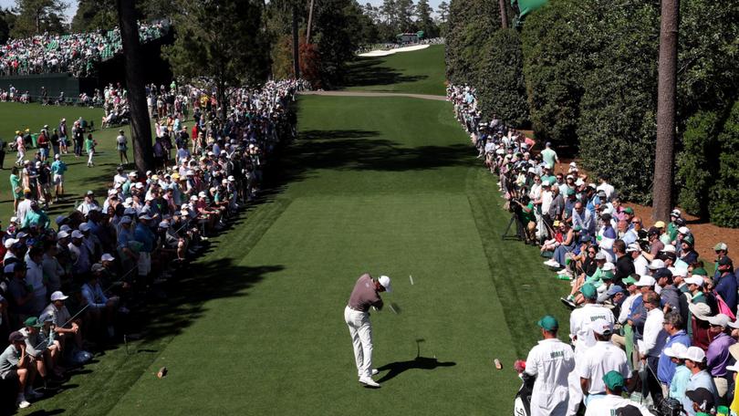 Tiger Woods plays his shot from the 18th tee during the second round of the 2024 Masters Tournament at Augusta National Golf Club.
