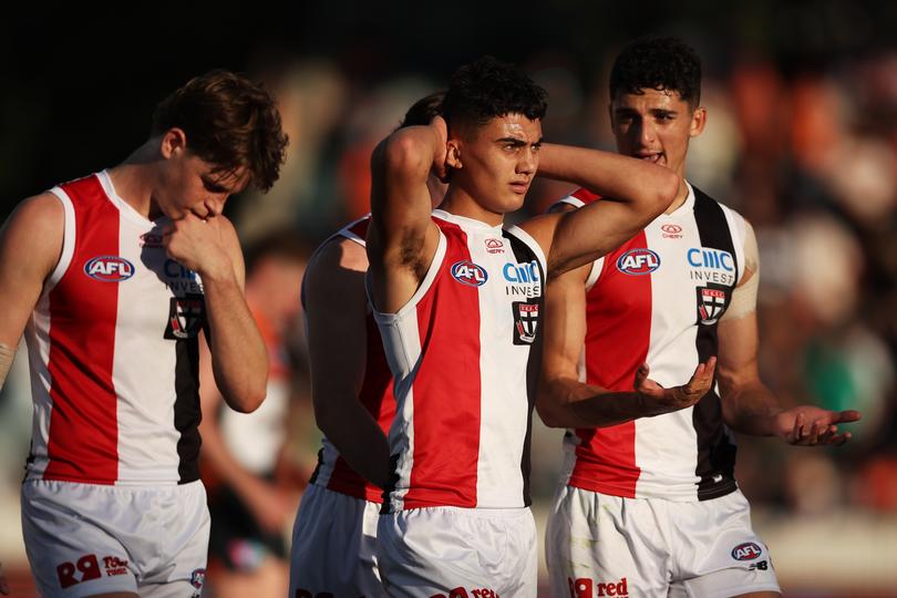 CANBERRA, AUSTRALIA - APRIL 13:  Saints players look dejected after the round five AFL match between Greater Western Sydney Giants and St Kilda Saints at Manuka Oval, on April 13, 2024, in Canberra, Australia. (Photo by Matt King/AFL Photos/Getty Images)