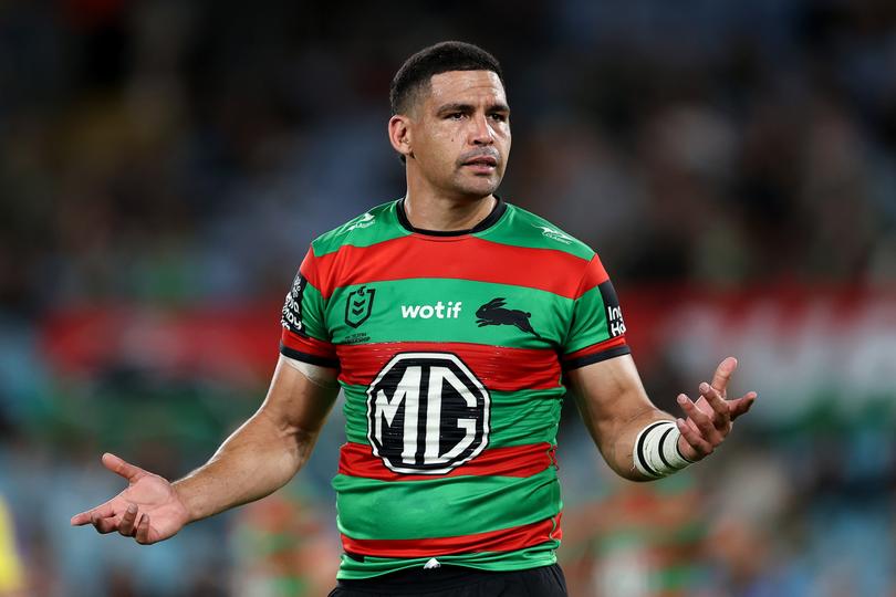 SYDNEY, AUSTRALIA - APRIL 13: Cody Walker of the Rabbitohs gestures during the round six NRL match between South Sydney Rabbitohs and Cronulla Sharks at Accor Stadium, on April 13, 2024, in Sydney, Australia. (Photo by Brendon Thorne/Getty Images)