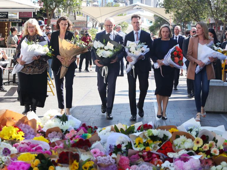 Anthony Albanese, NSW Premier Chris Minns and Allegra Spender lay floral tributes on Oxford Street Mall at Westfield Bondi Junction.