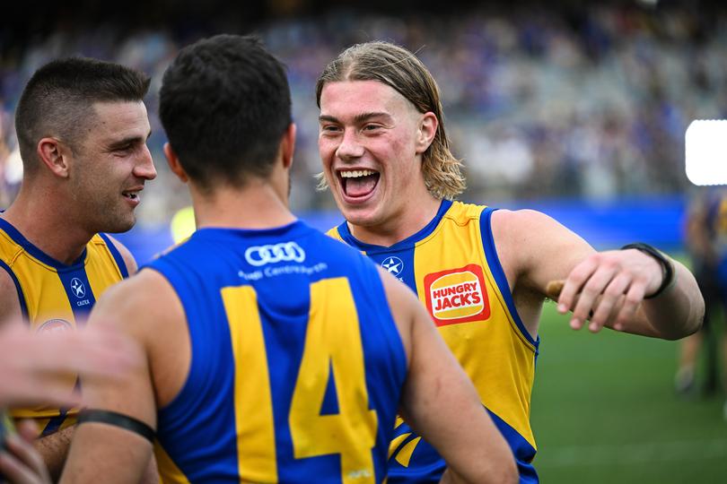 PERTH, AUSTRALIA - APRIL 14: Harley Reid of the Eagles is happy with the win during the 2024 AFL Round 05 match between the West Coast Eagles and the Richmond Tigers at Optus Stadium on April 14, 2024 in Perth, Australia. (Photo by Daniel Carson/AFL Photos via Getty Images)