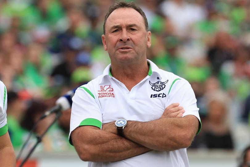 CANBERRA, AUSTRALIA - MARCH 16: Ricky Stuart, coach of the Raiders looks on during the round two NRL match between Canberra Raiders and Wests Tigers at GIO Stadium, on March 16, 2024, in Canberra, Australia. (Photo by Jenny Evans/Getty Images)