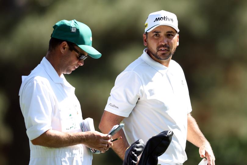 AUGUSTA, GEORGIA - APRIL 14: Jason Day of Australia lines up a shot on the second hole during the final round of the 2024 Masters Tournament at Augusta National Golf Club on April 14, 2024 in Augusta, Georgia. (Photo by Warren Little/Getty Images)