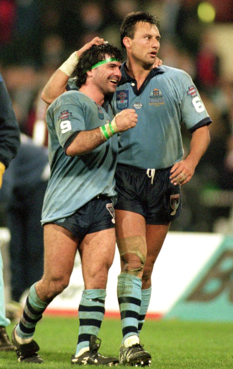 Benny Elias and Laurie Daley celebrate after winning game two of Origin in 1994. 