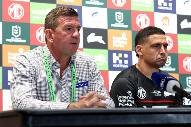 SYDNEY, AUSTRALIA - APRIL 13: Rabbitohs coach, Jason Demetriou speaks to the media following the round six NRL match between South Sydney Rabbitohs and Cronulla Sharks at Accor Stadium, on April 13, 2024, in Sydney, Australia. (Photo by Brendon Thorne/Getty Images)