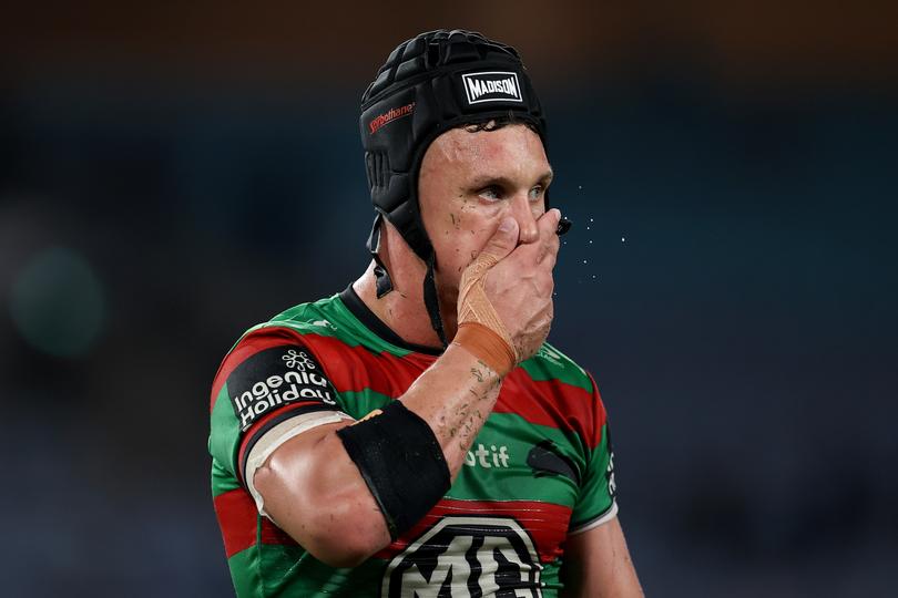 SYDNEY, AUSTRALIA - APRIL 13: Jack Wighton of the Rabbitohs reacts at full-time during the round six NRL match between South Sydney Rabbitohs and Cronulla Sharks at Accor Stadium, on April 13, 2024, in Sydney, Australia. (Photo by Brendon Thorne/Getty Images)