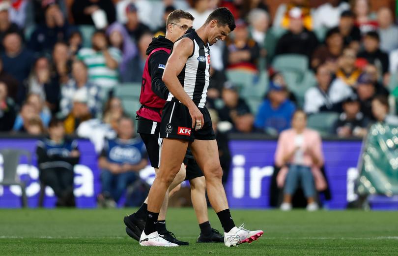 ADELAIDE, AUSTRALIA - APRIL 07: Scott Pendlebury of the Magpies speaks with medical staff during the 2024 AFL Round 04 match between the Collingwood Magpies and the Hawthorn Hawks at Adelaide Oval on April 07, 2024 in Adelaide, Australia. (Photo by Michael Willson/AFL Photos via Getty Images)