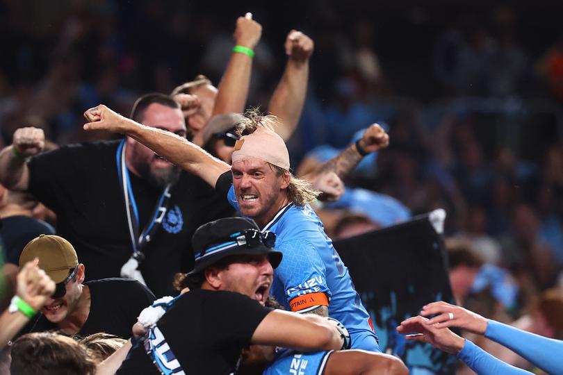 Sydney captain Luke Brattan jumps into The Cove active support in the all-in celebrations
