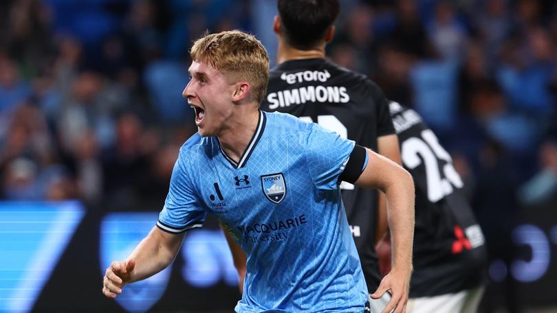 Jaiden Kucharski of Sydney FC celebrates his 98th minute winner in the Sydney Derby