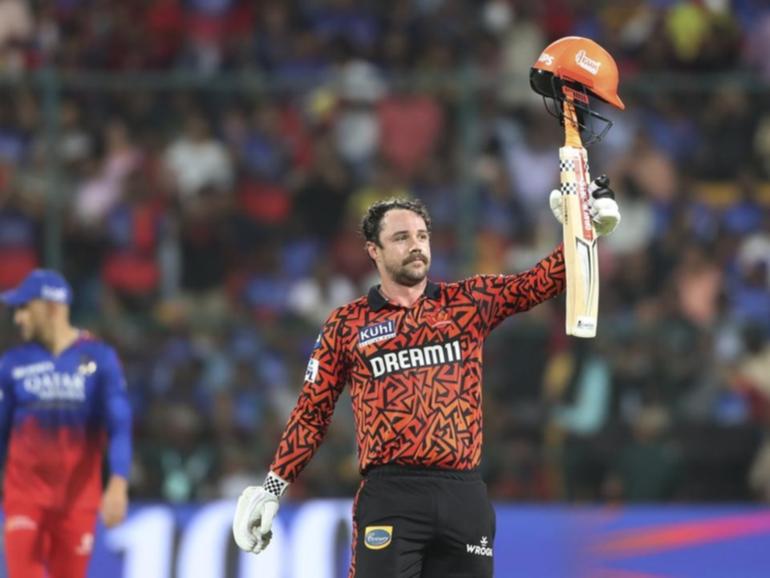 Travis Head celebrates his blistering 39-ball century for Sunrisers Hyderabad in Bengaluru. (AP PHOTO)