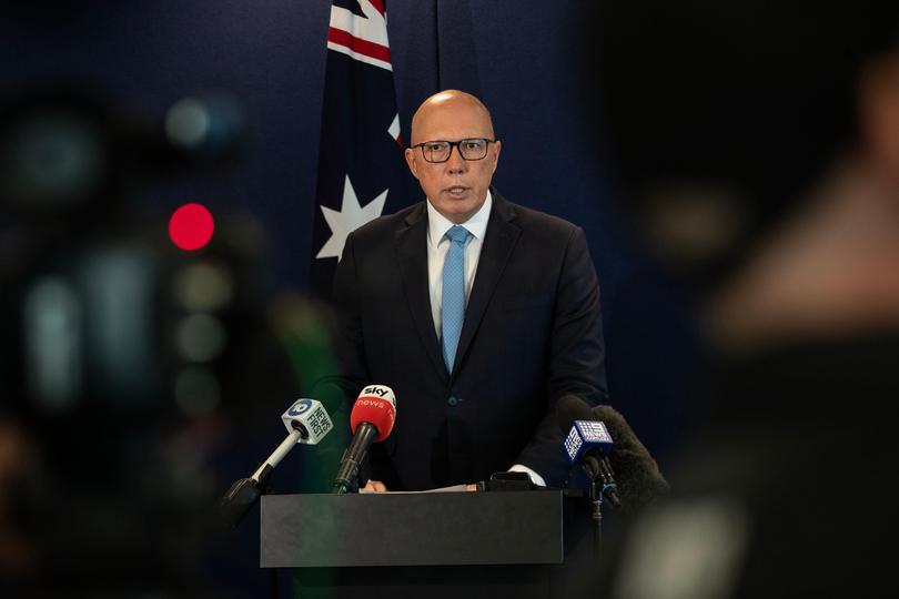 The Leader of the Opposition Peter Dutton speaks to the media in Perth today. Michael Wilson