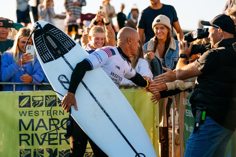 Eleven-time WSL Champion Kelly Slater of the United States prior to surfing in Heat 3.