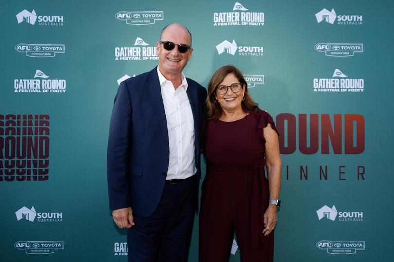 ADELAIDE, AUSTRALIA - APRIL 03: David Koch and wife Julia Koch pose for a photo before the 2024 AFL Gather Round Welcome Dinner Event at Glenelg Foreshore on April 03, 2024 in Adelaide, Australia. (Photo by Dylan Burns/AFL Photos via Getty Images)