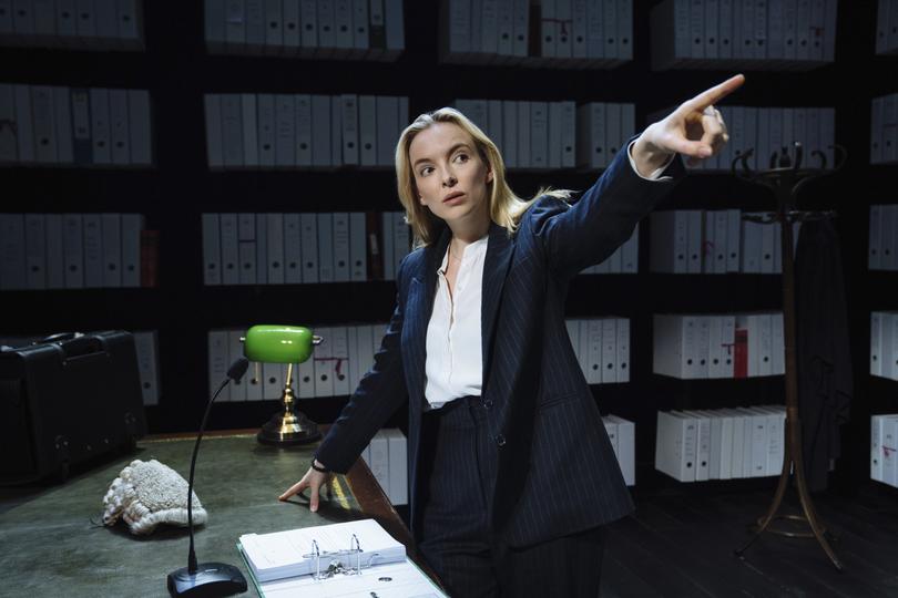 This image released by The Press Room shows Jodie Comer in character in "Prima Facie." (Helen Murray/The Press Room via AP)
