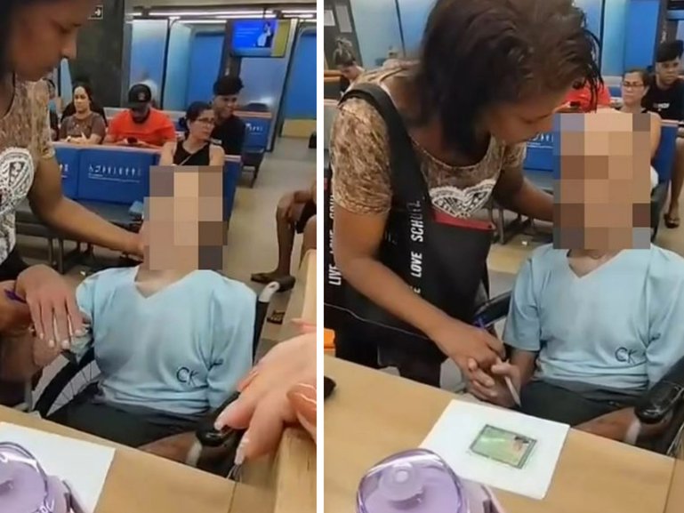A woman has wheeled a corpse into a bank and allegedly tried to get him to ‘sign off’ a loan in her name in horror footage shared to X.