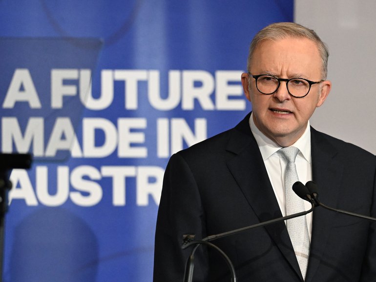 Australian Prime Minister Anthony Albanese addresses the Queensland Media Club at the Brisbane Convention and Exhibition Centre in Brisbane.