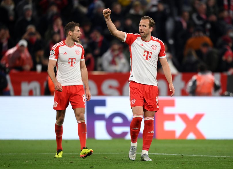 MUNICH, GERMANY - APRIL 17: Harry Kane of Bayern Munich celebrates after the team's victory during the UEFA Champions League quarter-final second leg match between FC Bayern München and Arsenal FC at Allianz Arena on April 17, 2024 in Munich, Germany. (Photo by Justin Setterfield/Getty Images)