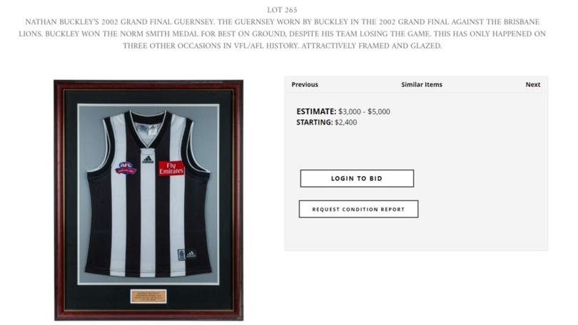 Nathan Buckley is selling the guernsey he wore when he won the Norm Smith Medal in the Magpies' 2002 grand final defeat to the Brisbane Lions.