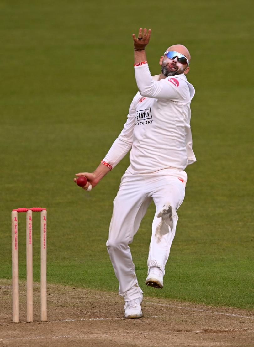 SOUTHAMPTON, ENGLAND - APRIL 12: Nathan Lyon of Lancashire in action during the Vitality County Championship Division One match between Hampshire and Lancashire at Utilita Bowl on April 12, 2024 in Southampton, England.  (Photo by Mike Hewitt/Getty Images)