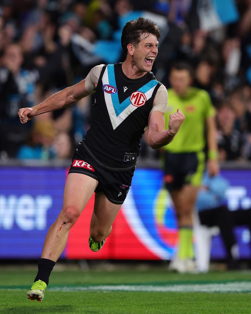 ADELAIDE, AUSTRALIA - APRIL 13: Zak Butters of the Power celebrates a goal during the 2024 AFL Round 05 match between the Port Adelaide Power and the Fremantle Dockers at Adelaide Oval on April 13, 2024 in Adelaide, Australia. (Photo by Sarah Reed/AFL Photos via Getty Images)