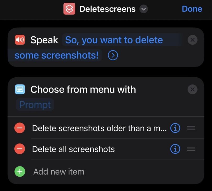 The first step is to make the iPhone ask a question out loud, just for fun. Next, we want to offer a choice: Does the user want to delete all of their screenshots, or just ones older than a month? MUST CREDIT: Chris Velazco/The Washington Post