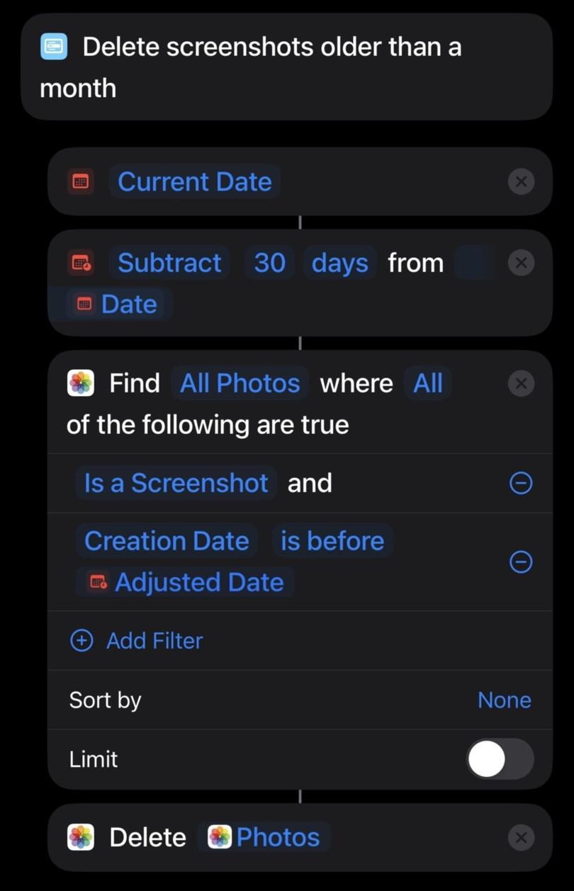 Here, we’re setting up the first option. This looks complicated, but the logic is pretty clear: The shortcut will figure out what the date was 30 days ago, look through the Photos app to find all the screenshots created before that cut-off, and delete them. MUST CREDIT: Chris Velazco/The Washington Post