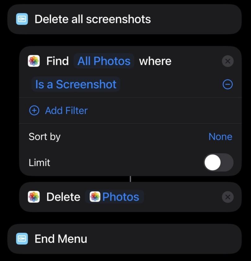 But what if someone wants to delete all of their screenshots in one go? No problem. Here, we instruct the shortcut to delete every image in the Photos app that’s a screenshot, regardless of when it was created. MUST CREDIT: Chris Velazco/The Washington Post