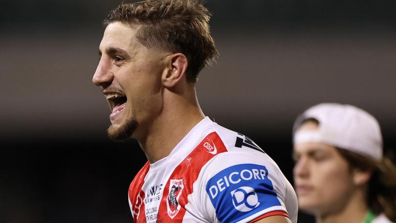 WOLLONGONG, AUSTRALIA - APRIL 19: Zac Lomax of the Dragons celebrates winning the round seven NRL match between St George Illawarra Dragons and New Zealand Warriors at WIN Stadium on April 19, 2024, in Wollongong, Australia. (Photo by Mark Kolbe/Getty Images)