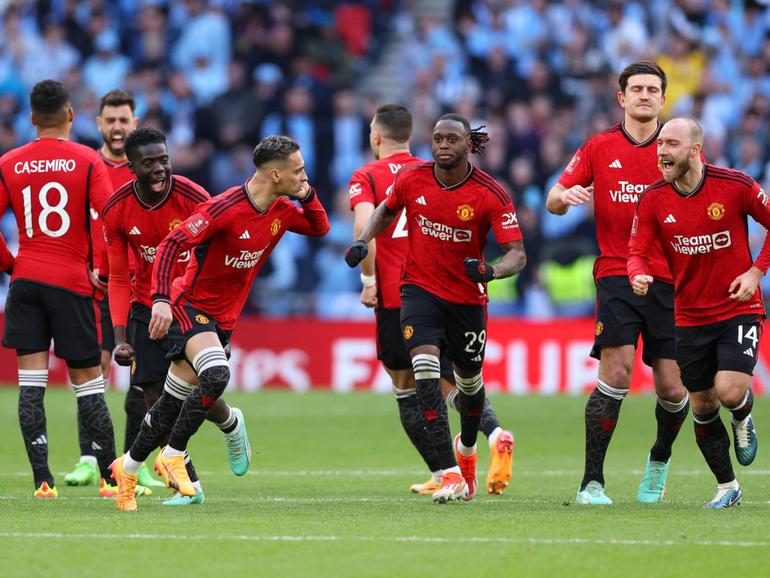 Antony of Manchester United celebrates as he cups his ear after the team's victory in the penalty shootout. during the Emirates FA Cup Semi Final match between Coventry City and Manchester United at Wembley Stadium on April 21, 2024 in London, England. (Photo by Richard Heathcote/Getty Images)