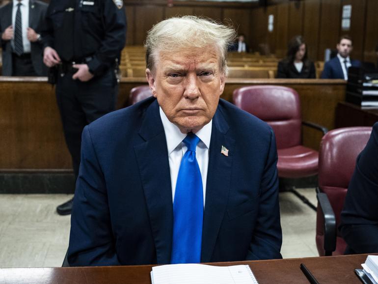 NEW YORK, NEW YORK - APRIL 18: Former U.S. President Donald Trump arrives for his criminal trial as jury selection continues at Manhattan Criminal Court on April 18, 2024 in New York City. Trump was charged with 34 counts of falsifying business records last year, which prosecutors say was an effort to hide a potential sex scandal, both before and after the 2016 presidential election. Trump is the first former U.S. president to face trial on criminal charges. (Photo by Jabin Botsford-Pool/Getty Images)