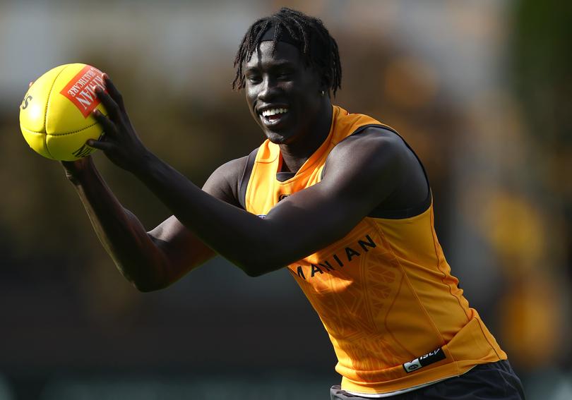MELBOURNE, AUSTRALIA - APRIL 19: Changkuoth Jiath of the Hawks marks during a Hawthorn Hawks AFL training session at Waverley Park on April 19, 2024 in Melbourne, Australia. (Photo by Quinn Rooney/Getty Images)