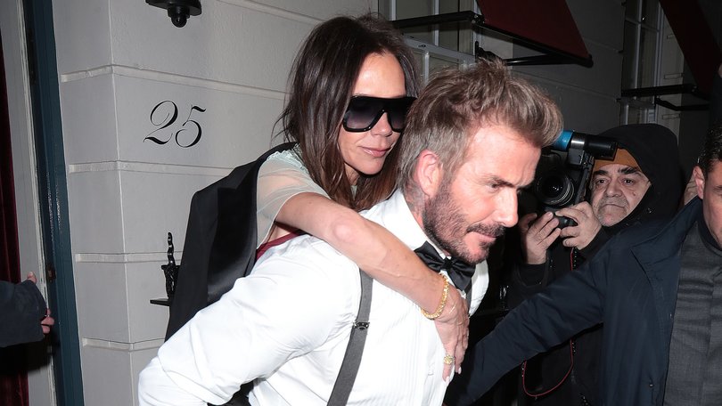 LONDON, ENGLAND - APRIL 20: David Beckham and Victoria Beckham are seen leaving Victoria Beckham's 50th Birthday Party at Oswald’s on April 20, 2024 in London, England. (Photo by Ricky Vigil M / Justin E Palmer/GC Images)