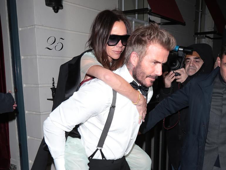 LONDON, ENGLAND - APRIL 20: David Beckham and Victoria Beckham are seen leaving Victoria Beckham's 50th Birthday Party at Oswald’s on April 20, 2024 in London, England. (Photo by Ricky Vigil M / Justin E Palmer/GC Images)
