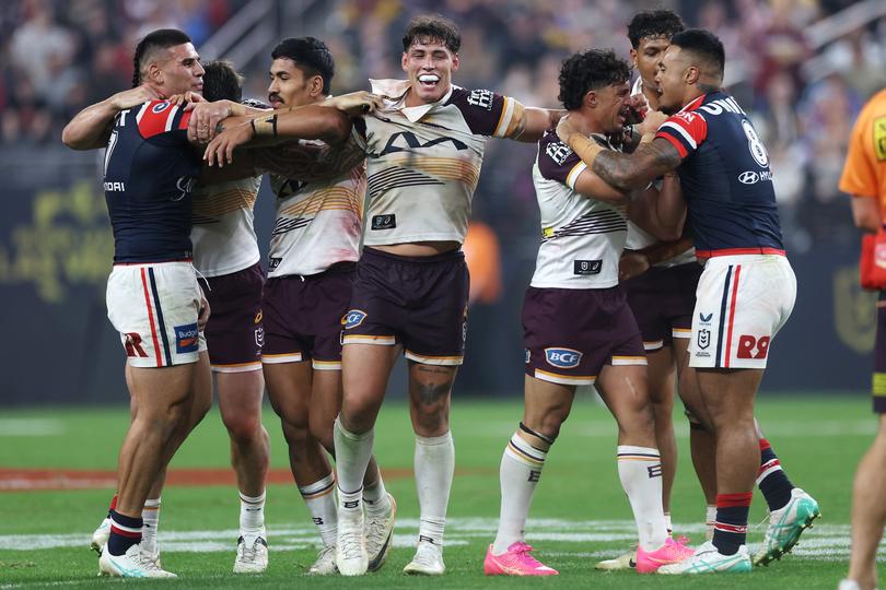 LAS VEGAS, NEVADA - MARCH 02: Spencer Leniu (r) of the Roosters exchanges heated words with Kotoni Staggs of the Broncos during the round one NRL match between Sydney Roosters and Brisbane Broncos at Allegiant Stadium, on March 02, 2024, in Las Vegas, Nevada. (Photo by Ezra Shaw/Getty Images)