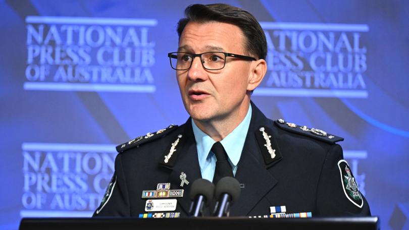 Australian Federal Police Commissioner Reece Kershaw addresses the National Press Club in Canberra.