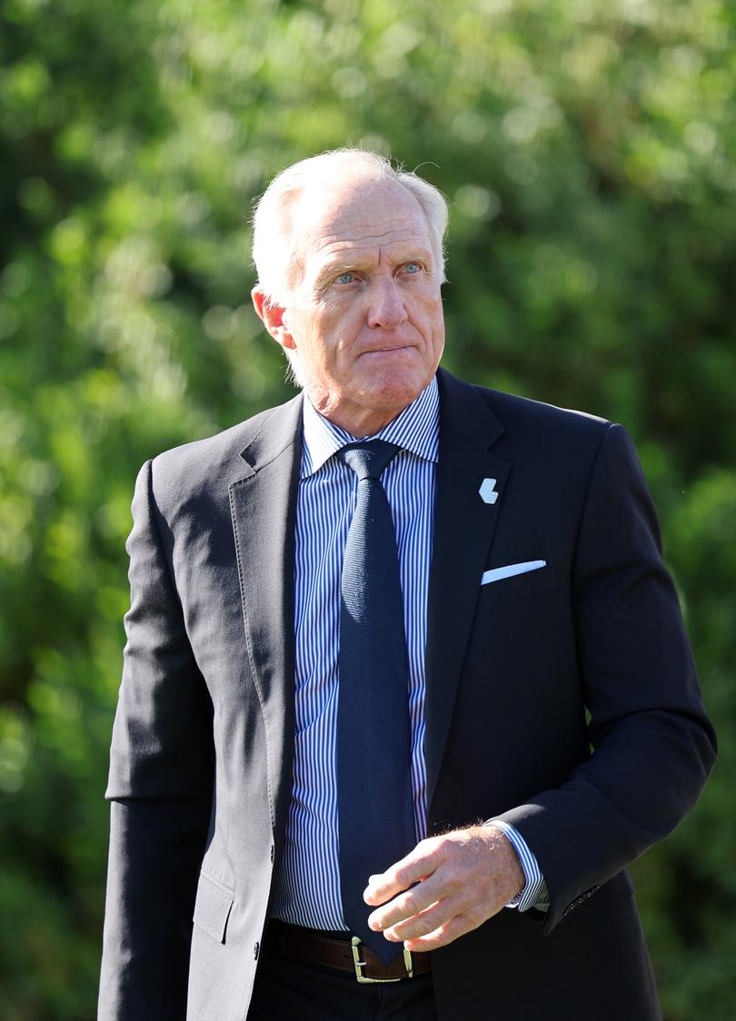 ADELAIDE, AUSTRALIA - April 24 2024:  Greg Norman during a media stop at the Grange Golf Club ahead of the Liv Golf tournament which starts on Friday. The Nightly Picture: David Mariuz