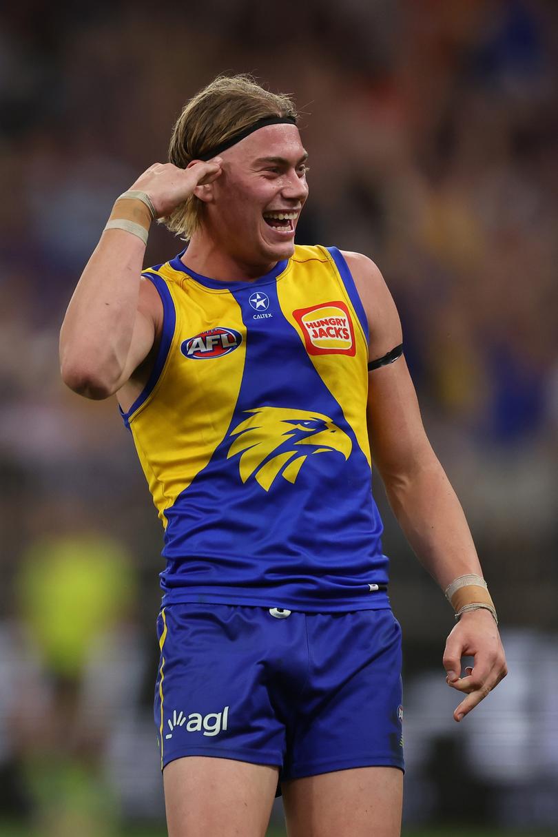 PERTH, AUSTRALIA - APRIL 20: Harley Reid of the Eagles celebrates after scoring a goal during the 2024 AFL Round 06 match between the West Coast Eagles and the Fremantle Dockers at Optus Stadium on April 20, 2024 in Perth, Australia. (Photo by Will Russell/AFL Photos via Getty Images)