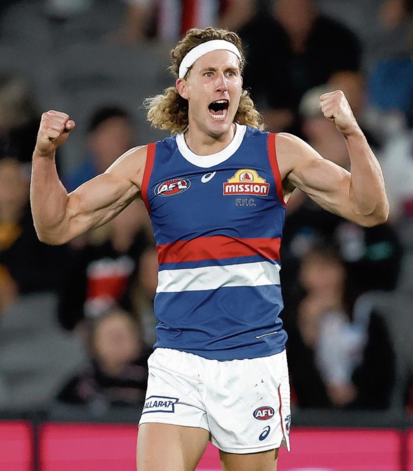 MELBOURNE, AUSTRALIA - APRIL 18: Aaron Naughton of the Bulldogs celebrates a goal during the 2024 AFL Round 06 match between the St Kilda Saints and the Western Bulldogs at Marvel Stadium on April 18, 2024 in Melbourne, Australia. (Photo by Michael Willson/AFL Photos)