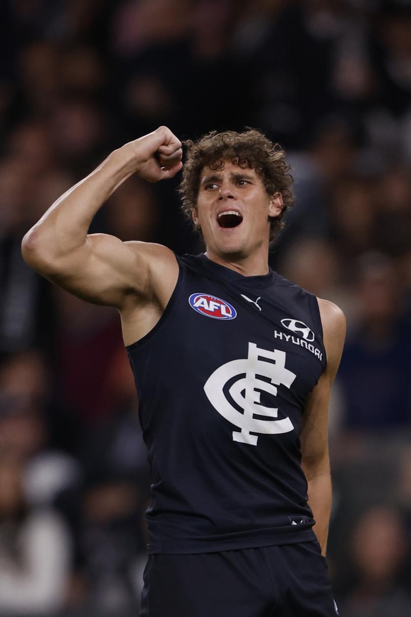 MELBOURNE, AUSTRALIA - APRIL 20: Charlie Curnow of the Blues celebrates a goal during the round six AFL match between Carlton Blues and Greater Western Sydney Giants at Marvel Stadium, on April 20, 2024, in Melbourne, Australia. (Photo by Darrian Traynor/Getty Images)