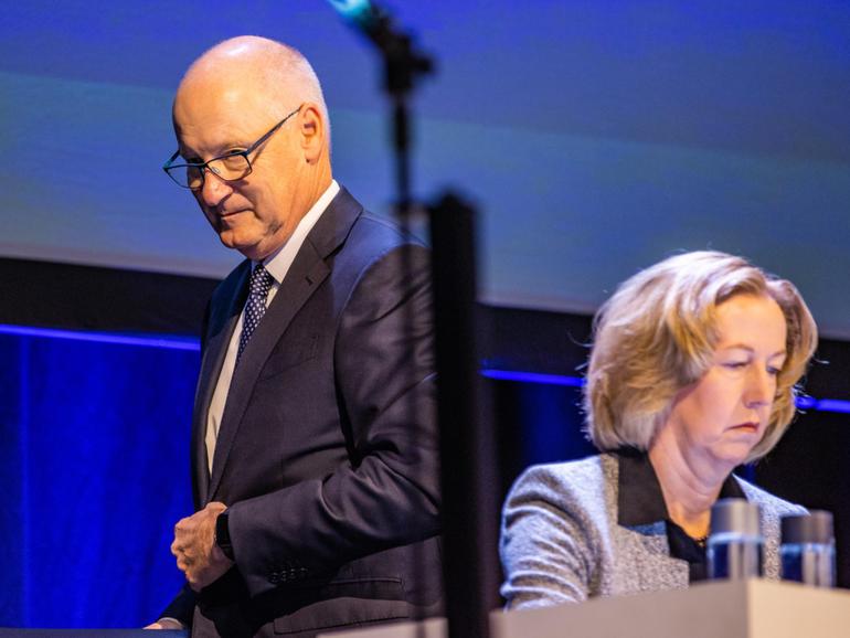 Woodside chair Richard Goyder and chief executive Meg O’Neill face shareholders at Wednesday’s AGM.