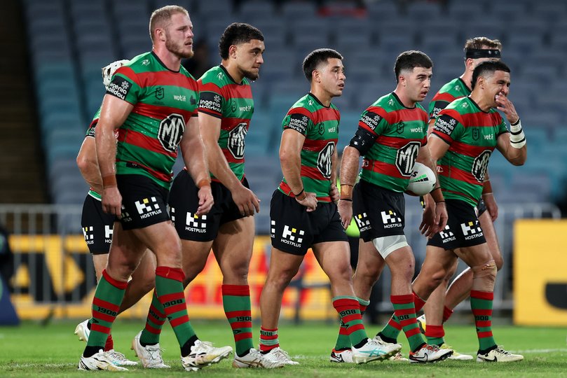 SYDNEY, AUSTRALIA - APRIL 13: Rabbitohs players react after conceding a try during the round six NRL match between South Sydney Rabbitohs and Cronulla Sharks at Accor Stadium, on April 13, 2024, in Sydney, Australia. (Photo by Brendon Thorne/Getty Images)