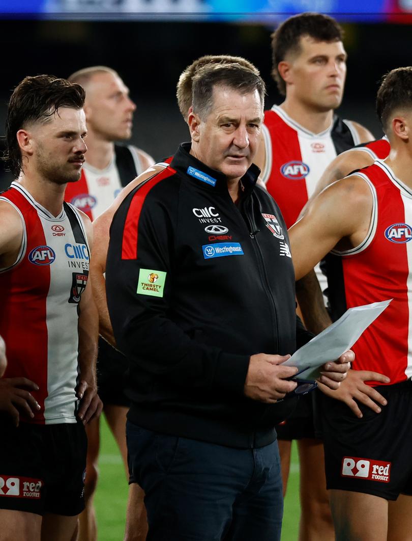 MELBOURNE, AUSTRALIA - APRIL 18: Ross Lyon, Senior Coach of the Saints looks dejected after a loss during the 2024 AFL Round 06 match between the St Kilda Saints and the Western Bulldogs at Marvel Stadium on April 18, 2024 in Melbourne, Australia. (Photo by Michael Willson/AFL Photos via Getty Images)