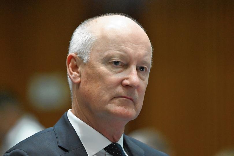 Qantas Chairman Richard Goyder reacts during the Select Committee on Commonwealth Bilateral Air Service Agreements at Parliament House in Canberra, Wednesday, September 27, 2023. (AAP Image/Lukas Coch) NO ARCHIVING