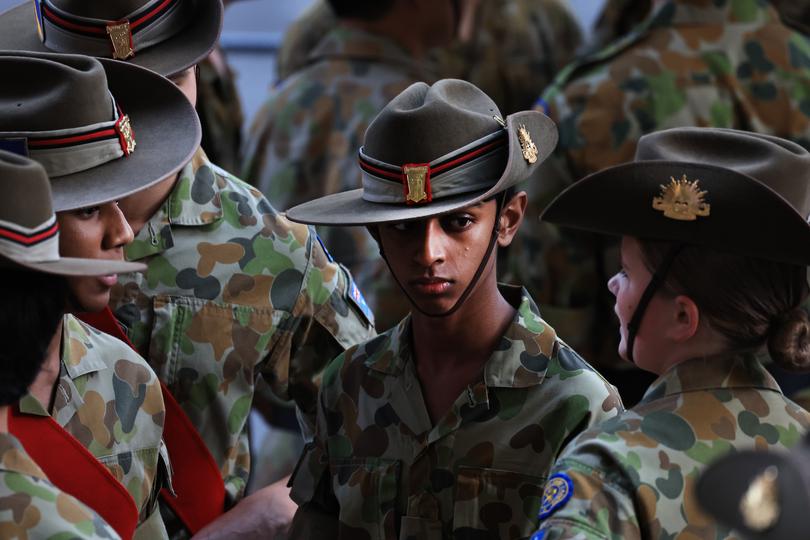 SYDNEY, AUSTRALIA - APRIL 25: Australian Army Cadets gather for the ANZAC Day march on April 25, 2024 in Sydney, Australia. Anzac Day is a national holiday in Australia, traditionally marked by a dawn service held during the time of the original Gallipoli landing and commemorated with ceremonies and parades throughout the day. Anzac Day commemorates the day the Australian and New Zealand Army Corp (ANZAC) landed on the shores of Gallipoli on April 25, 1915, during World War 1. (Photo by Jenny Evans/Getty Images)