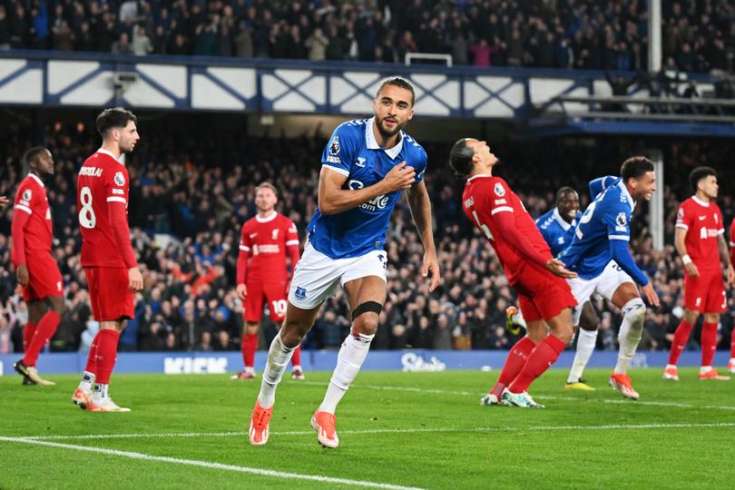 LIVERPOOL, ENGLAND - APRIL 24: Dominic Calvert-Lewin of Everton celebrates scoring his team's second goal during the Premier League match between Everton FC and Liverpool FC at Goodison Park on April 24, 2024 in Liverpool, England. (Photo by Michael Regan/Getty Images)