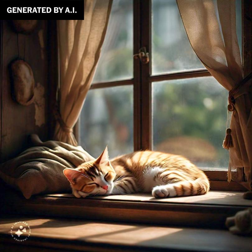 An image generated by AI and provided by Meta shows a cat sleeping on a window sill. 