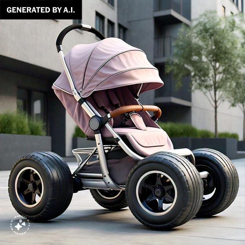 An image generated by AI and provided by Meta shows a baby stroller with giant wheels. 
